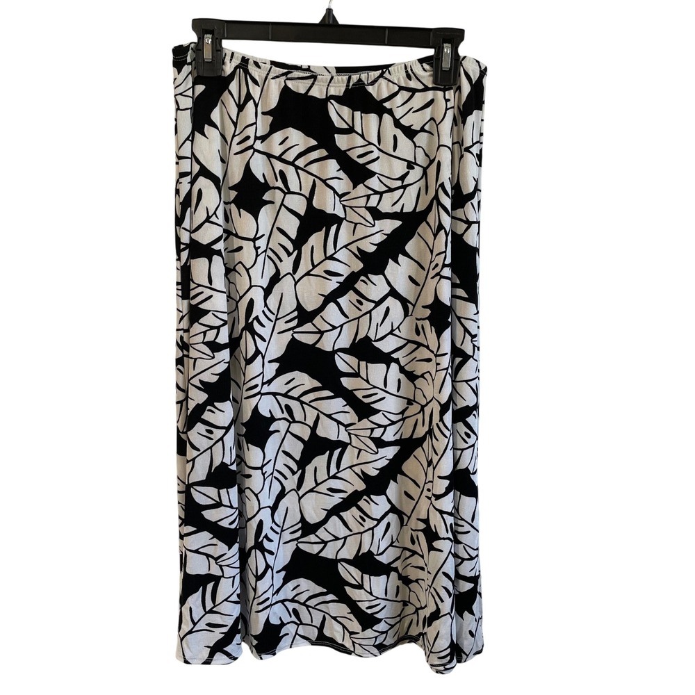 Laura Ashley Midi Skirt Leaf Print Stretch Casual‎ Black White Medium Pull On